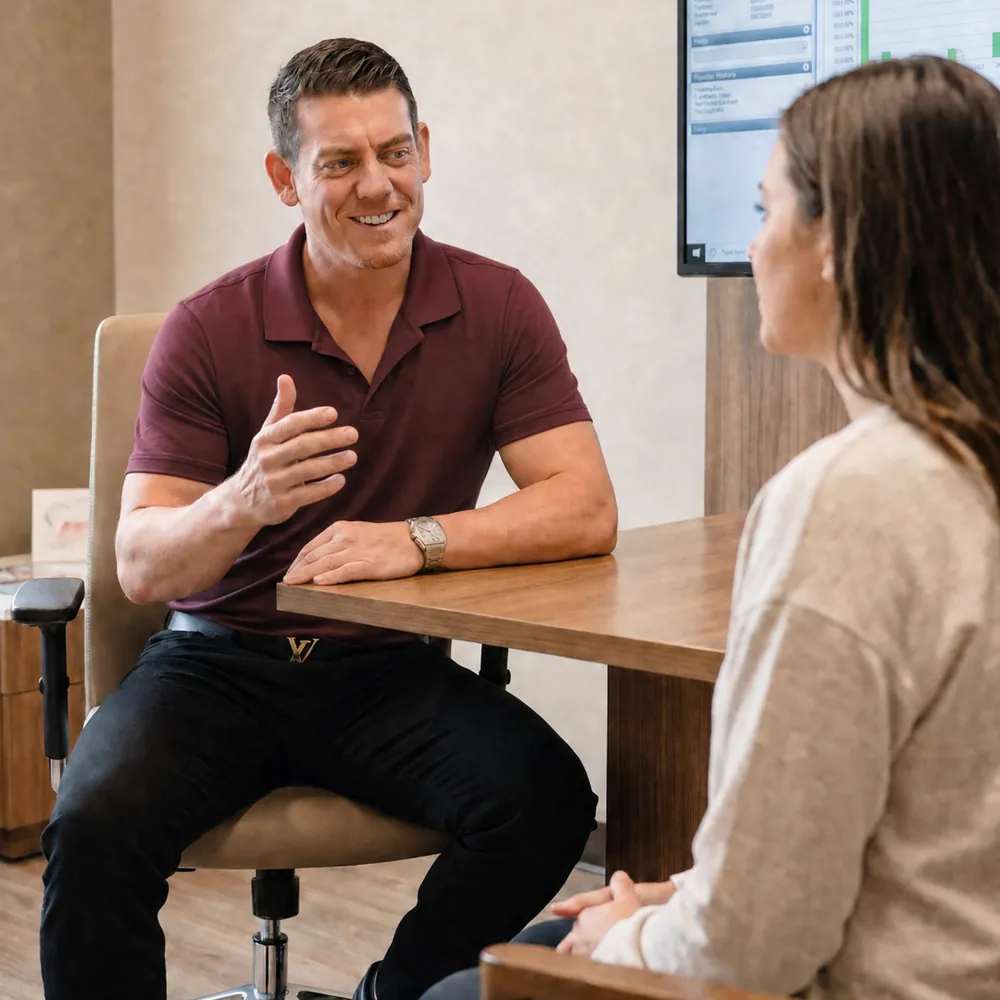 Dr. McWhorter talking with a patient in the consult room